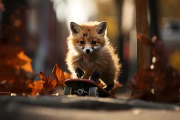 Gordijnen Funny little red fox drive skateboard at street.  © mitarart