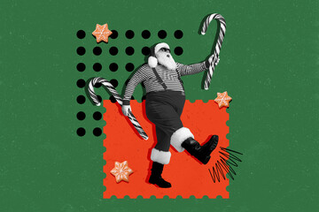 Creative trend collage of walking santa claus hold candy cane christmas new year greeting card template holiday x-mas congratulation