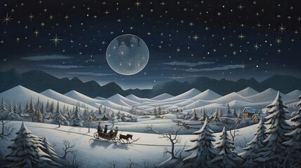 Winter wonderland, sparkling snow, cozy blankets, horse-drawn, frosty magic, tranquil moonlight, wintertime charm. Generated by AI.