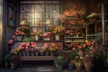 Flower shop stall inside room. Market garden color outdoor marketplace. Generate Ai