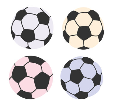 Cute cartoon soccer ball sports equipment set on white background.