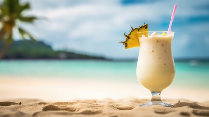 Summer drink with blur beach on background. Pina colada on the beach