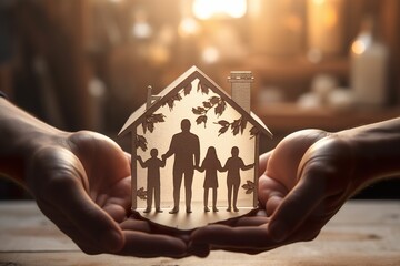 Hand holding paper cutout of family, family home, adoption foster care, homeless support, mental health concept, give you a home, warmth - obrazy, fototapety, plakaty