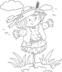 scarecrow cute vector illustration for coloring book, kids coloring page