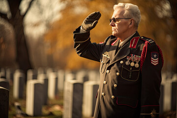 American Senior War Veteran saluting his fallen comrades graves at a cemetery - obrazy, fototapety, plakaty