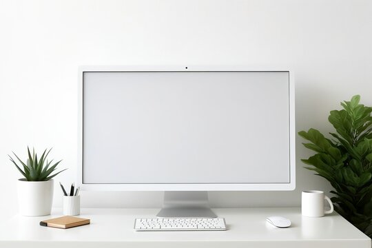 Modern personal computer with blank white screen on desk at workplace of graphic designer, blogger. Electronic devices, technology and creativity, computer desktop mockup