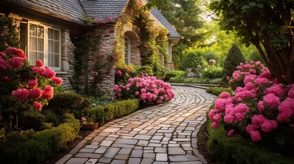 A quaint stone pathway winding through a meticulously manicured English garden, flanked by neatly trimmed hedges and blooming roses