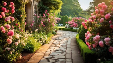 Fototapeta na wymiar A quaint stone pathway winding through a meticulously manicured English garden, flanked by neatly trimmed hedges and blooming roses