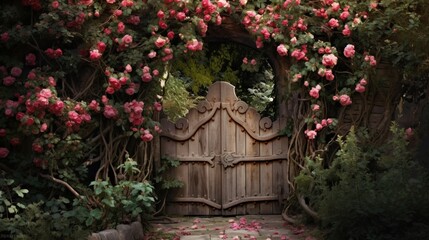 Fototapeta na wymiar A quaint wooden gate leading into a secret garden, its weathered frame partially obscured by a riot of climbing roses