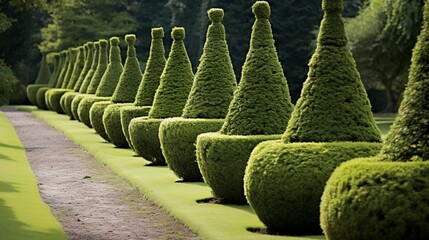 A row of neatly pruned topiary trees, sculpted into elegant cones and spirals, adding a touch of whimsy to a formal garden