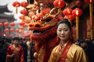 woman in chinese new year festival, the year of dragon celebration, generative ai