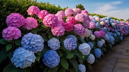 A row of perfectly aligned hydrangea bushes, their voluminous blooms a riot of blues, purples, and...