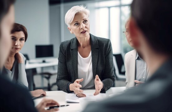Mature businesswoman on team meeting. Aged female manager brainstorming session discussion. Generate ai
