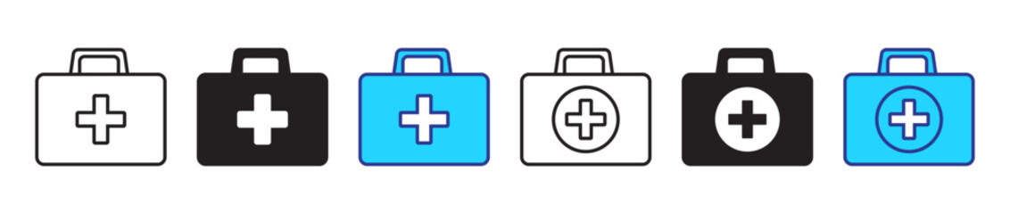 Obraz premium First aid box line and flat icons set. First aid kit, Medical care bag icon symbol. Vector illustration.