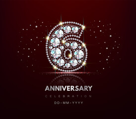 Birthday six 6 Anniversary Banner made of Diamond Jewelry and Serpentine Confetti. 3d realistic illustration. Vector.