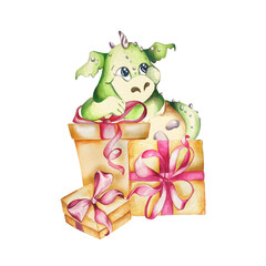 Watercolor painting - illustration with composition cute dragon and gift boxes. Frame. Pink bow.