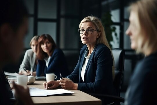 Mature woman company boss. Aged woman with glasses on teamworking meeting. Generate ai