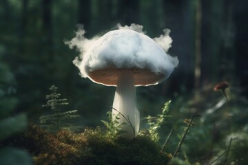 Fantasy mushroom with cloudy cap in dark magic forest. White misty fungus in green wild vegetation. Generate ai - obrazy, fototapety, plakaty