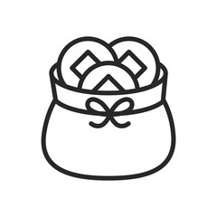 Sack With Chinese Coins Icon. Vector Linear Illustration of Festive Present Sack Tied with a Ribbon Bow. Chinese New Year Celebration, Birthday, and Holiday Symbol. Special Lunar Year Gift Bag Sign.