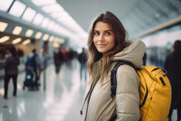 jeune femme dans un aérogare avec valise et sac de voyage qui va embarquer pour prendre un avion