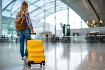 jeune femme dans un aérogare avec valise et sac de voyage qui va embarquer pour prendre un avion - obrazy, fototapety, plakaty