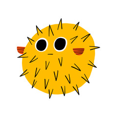 Blowfish cute vector illustration. Flat hand drawn doodle fish mascot. Happy fugu character for underwater cartoon graphic design.
