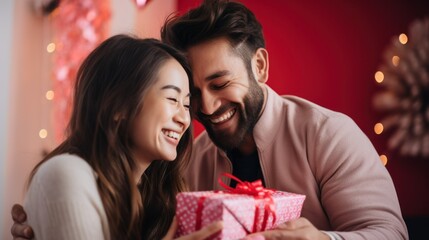Obraz na płótnie Canvas A man giving a gift to his girlfriend on Valentine's Day