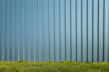 Standing seam galvanized sheet metal wall. Greenery in the foreground - obrazy, fototapety, plakaty