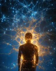 A conceptual visualization surrounding a pondering man. Neural wonder. Deep insight. A backdrop of glowing brain neurons and thought waves.