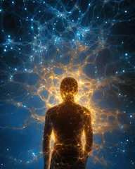 Afwasbaar fotobehang A conceptual visualization surrounding a pondering man. Neural wonder. Deep insight. A backdrop of glowing brain neurons and thought waves. © Mustafa