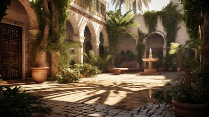 A sunlit courtyard, with a bubbling fountain at its center, framed by potted palms and the cool shade of an ancient olive tree