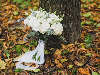 Autumn background Wedding bouquet on tree in autumn forest, copy space