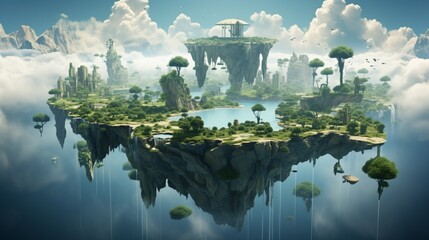 A surreal landscape of floating islands, powered by advanced anti-gravitational technology