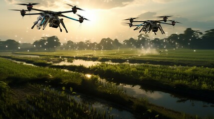 A swarm of autonomous agricultural drones tending to fields with meticulous precision