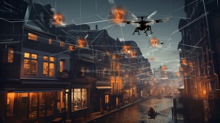 A swarm of autonomous drones mapping out intricate 3D reconstructions of urban environments