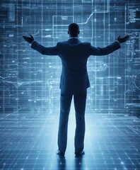 Silhouette of a human in suit raising his hands in front of a digital diagram.