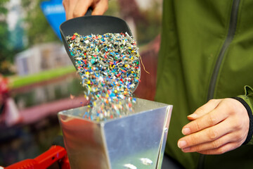 Plastic granulate in a plastic waste recycling plant