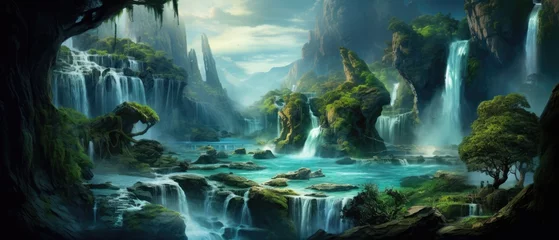 Tuinposter Majestic powerful waterfall wallpaper a landscape mountains trees and a river under a blue sky © ArtStockVault