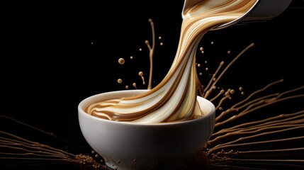 a swirling, creamy coffee being poured into a pristine cup, capturing the rich, velvety texture - obrazy, fototapety, plakaty