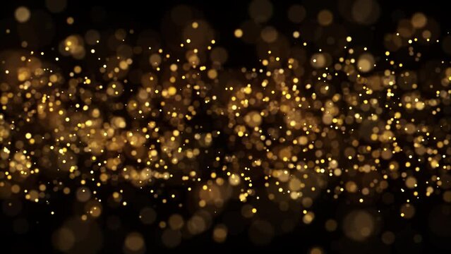 4k Video. Gold Bokeh background. Xmas golden lights. 3d Render. Abstract art animation. Black background. Particles dust.