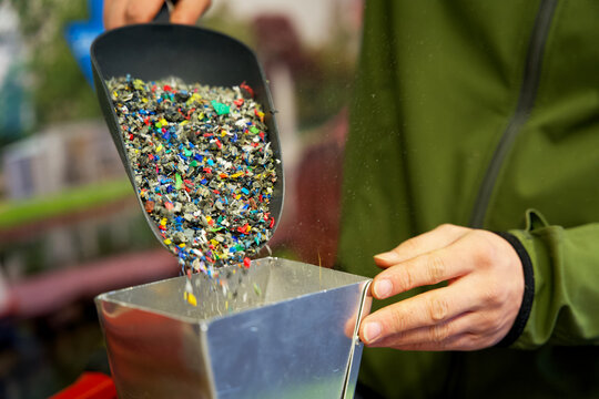 Plastic granulate in a plastic waste recycling plant