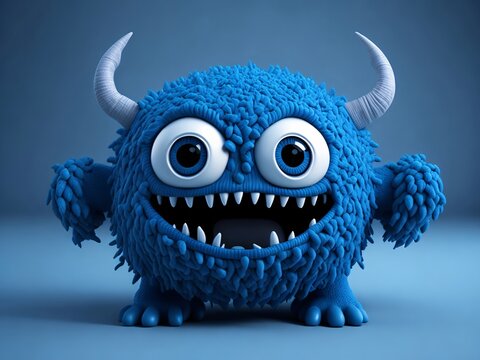 Cute blue furry monster on a blue background. Generative Ai.