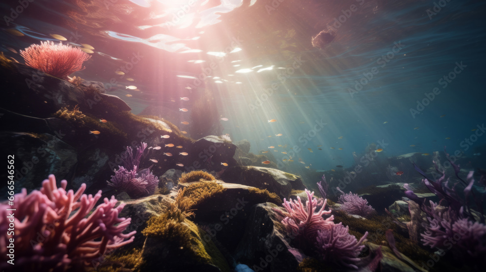 Wall mural Underwater scenery, sunbeams through water. Tropical coral reefs.