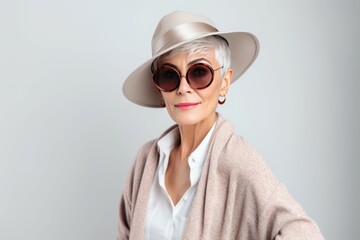 Portrait of stylish senior woman posing on white background. Old woman wearing elegant hat and round sunglasses. Generate ai
