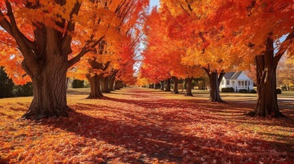 A symphony of autumn leaves, a riot of golds, reds, and oranges, carpeting the ground beneath a stately row of maple trees