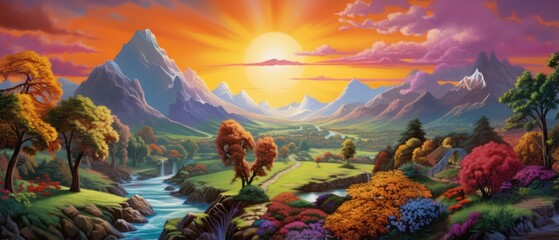 Painting Fantasy Illustration of a beautiful landscape with a river and mountains