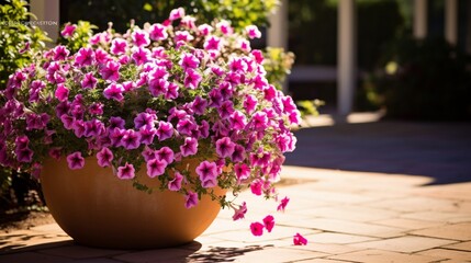 A terracotta pot brimming with cascading pink petunias, adding a burst of color to a sun-dappled patio