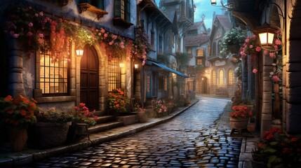 a tranquil, cobblestone alley in a historic European town, adorned with quaint street lamps and flower-filled window boxes - obrazy, fototapety, plakaty