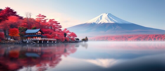 Mount Fuji in Japan Kawaguchiko lake autumn red leaves on trees mountain covered in snow calm lake reflects mountain and trees