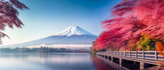 Mount Fuji in Japan Kawaguchiko lake autumn red leaves on trees mountain covered in snow calm lake reflects mountain and trees - obrazy, fototapety, plakaty